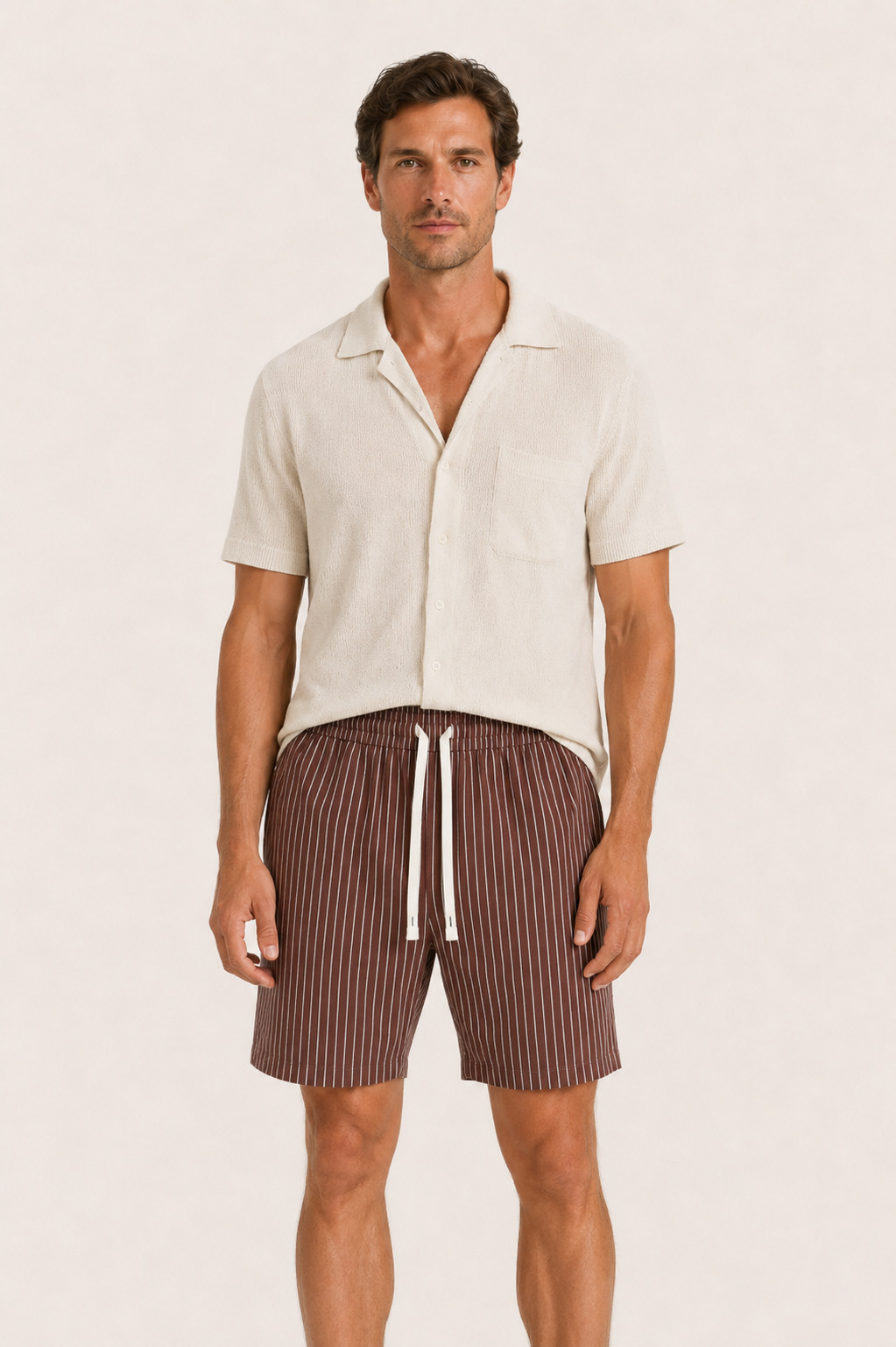Lenaro Linen Striped Short Red Brown
