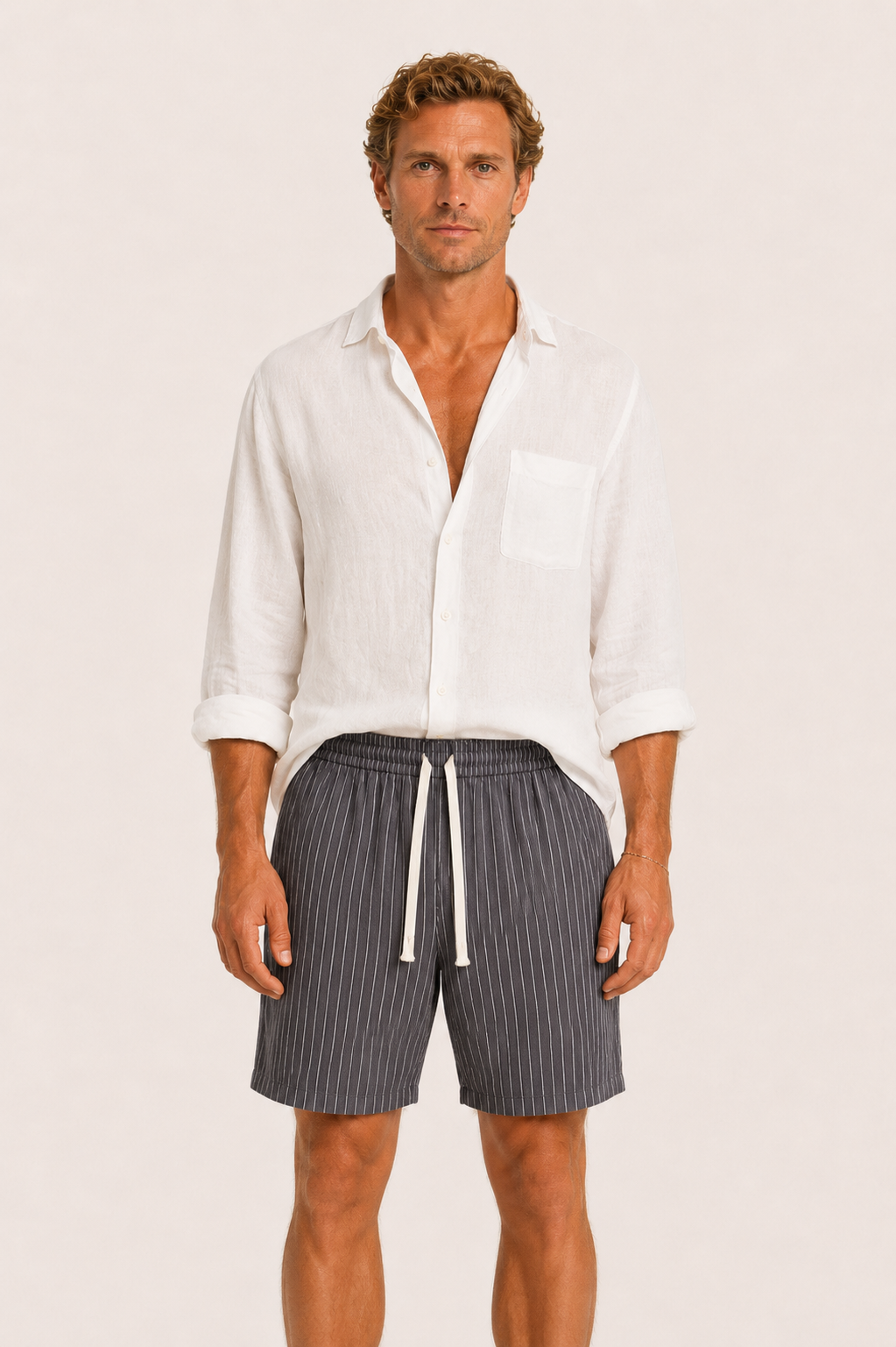 Vilero Cotton Striped Short Grey
