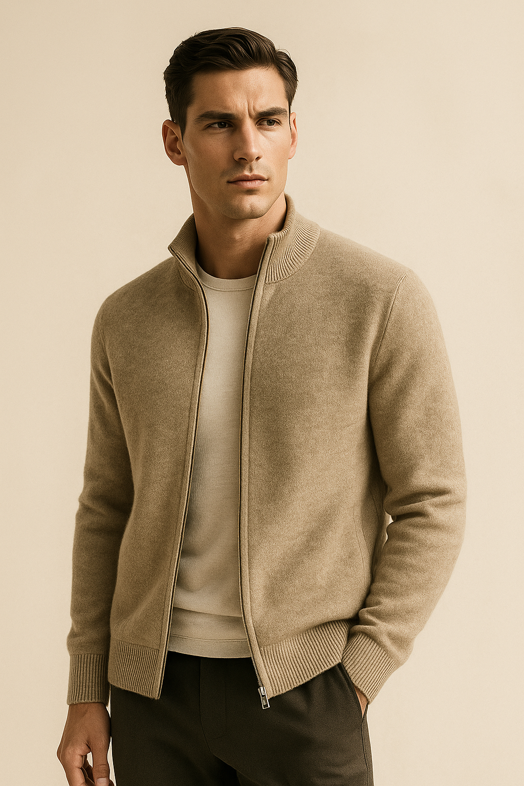 Vaniro Cashmere Zip Knit Beige