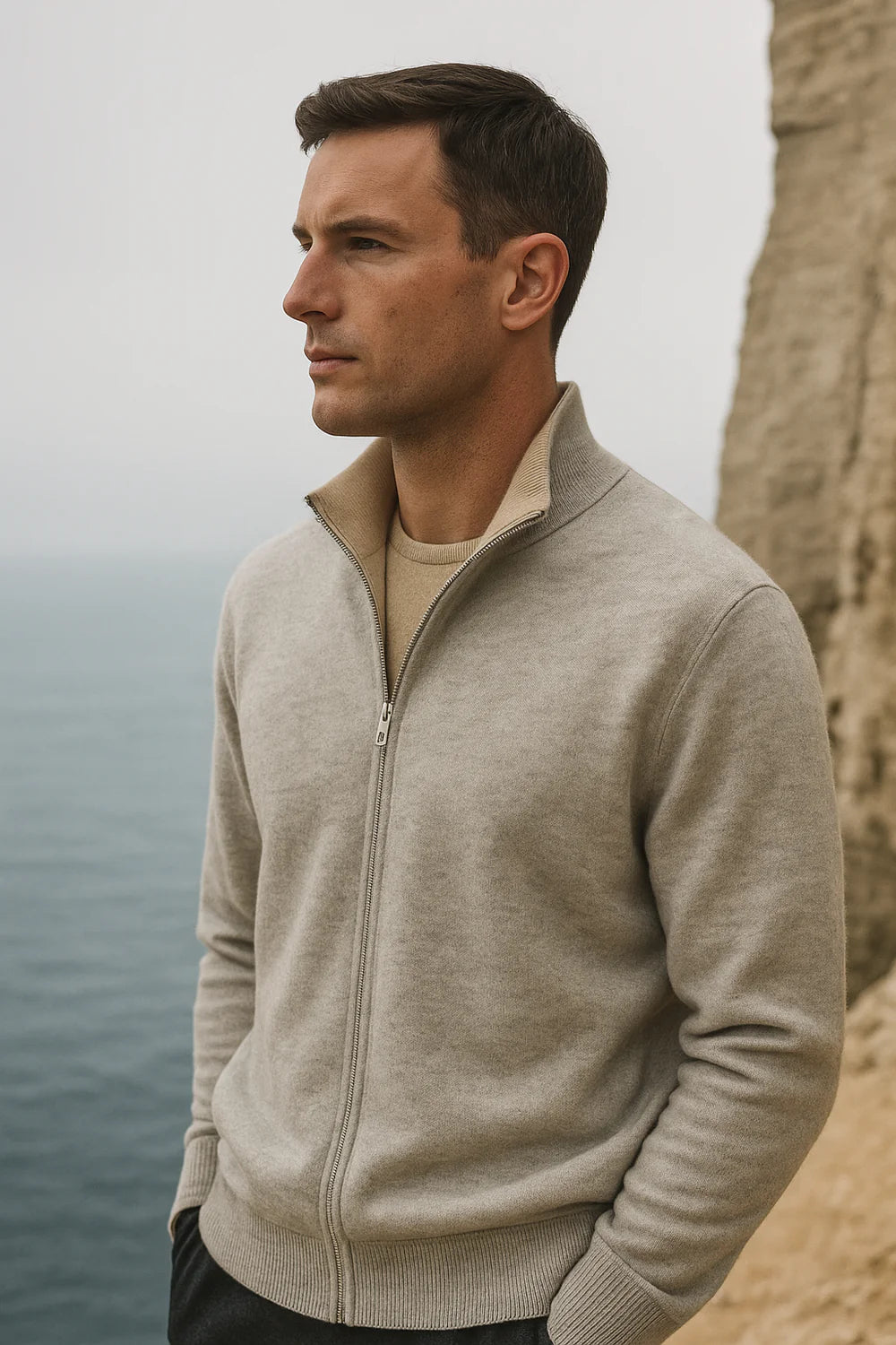 Sivaro Reversible Cashmere Zip Knit Beige & Grey