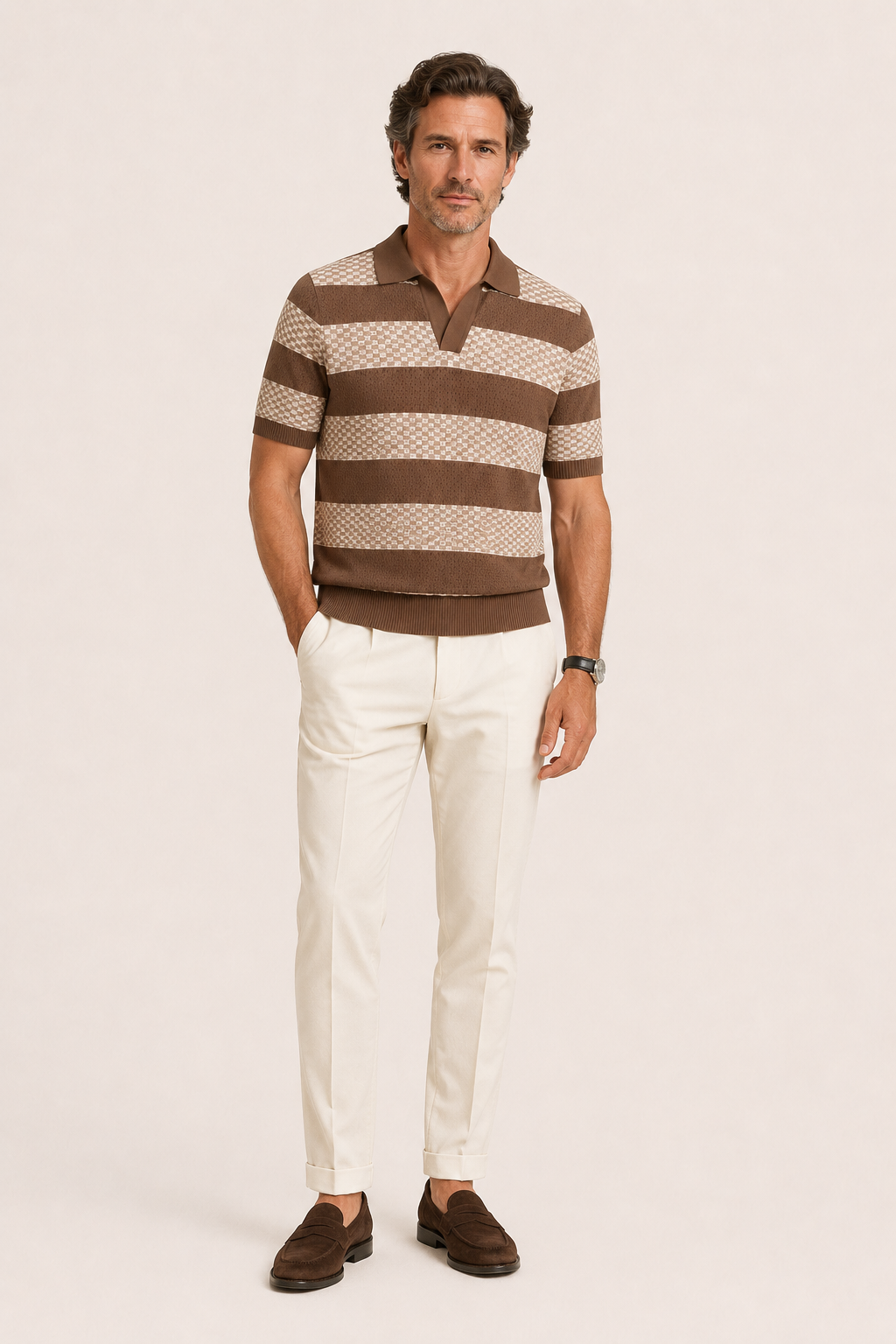 Covani Striped Polo Coffee