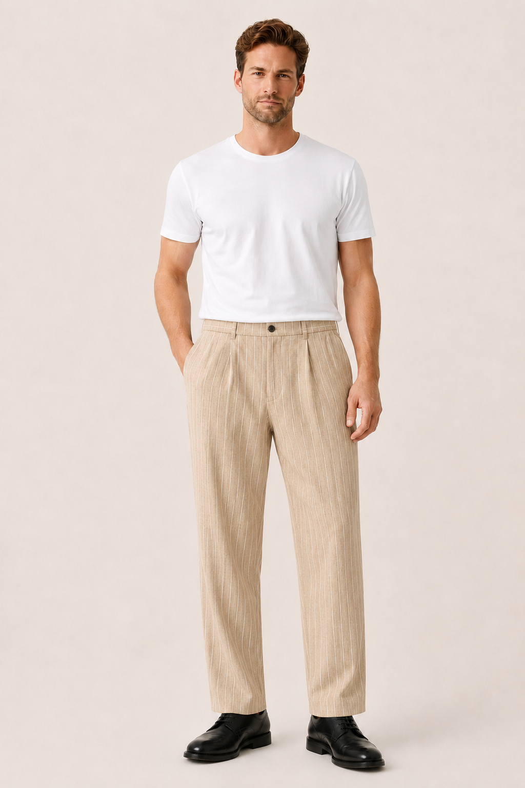 Borelo Linen Striped Trousers Khaki