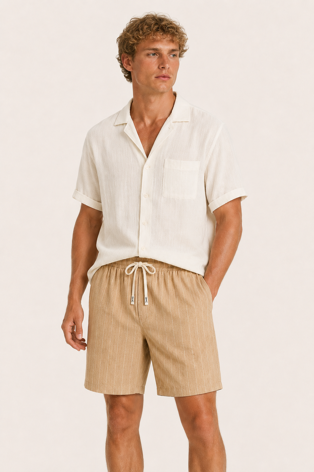 Nerivo Linen Striped Short Khaki