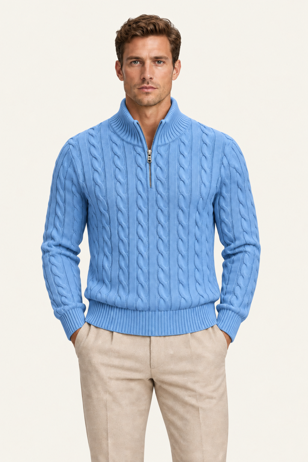 Tilano Cable Quarter-Zip Knit Light Blue