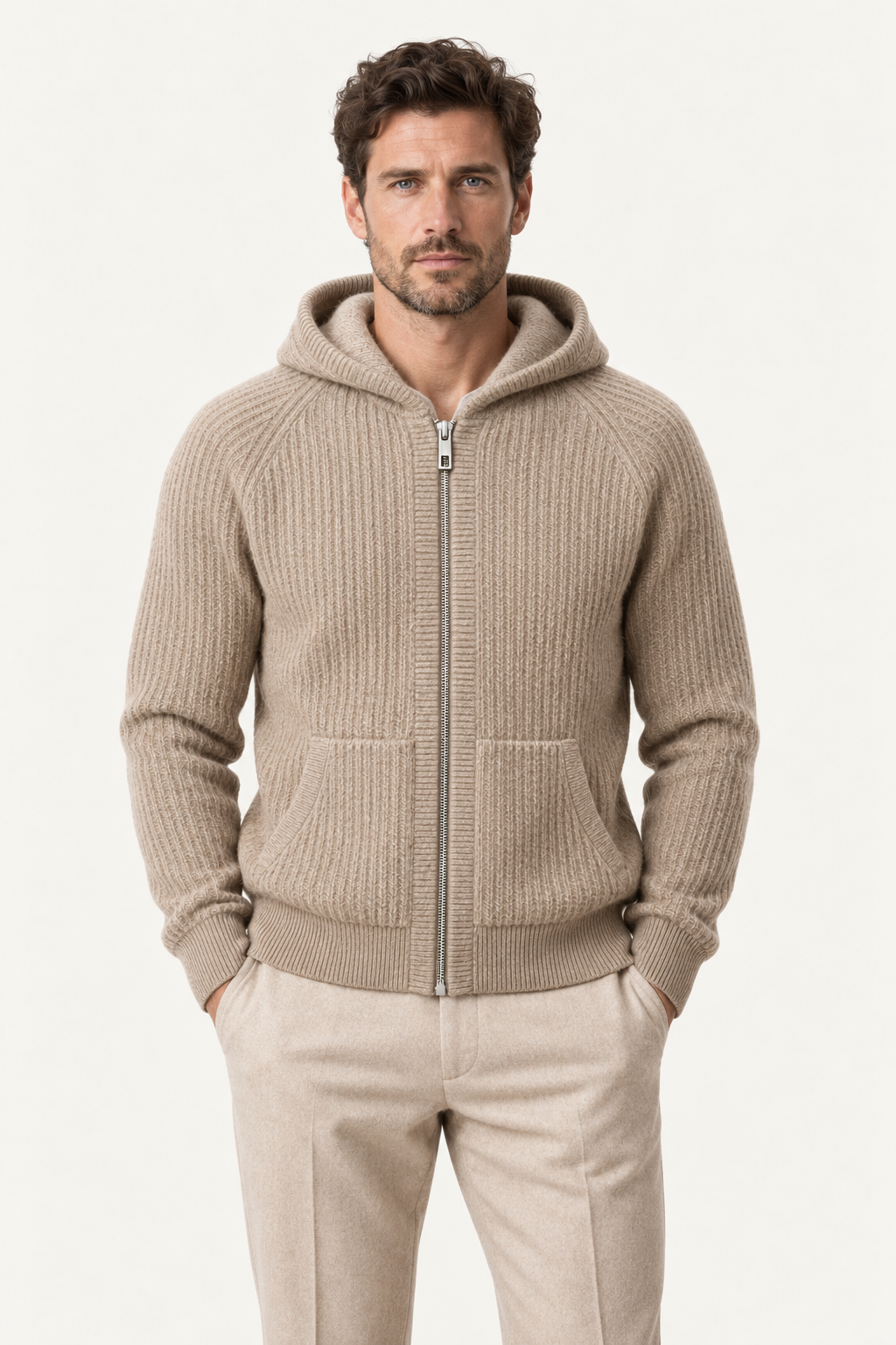 Velani Wool Hooded Zip Knit Beige