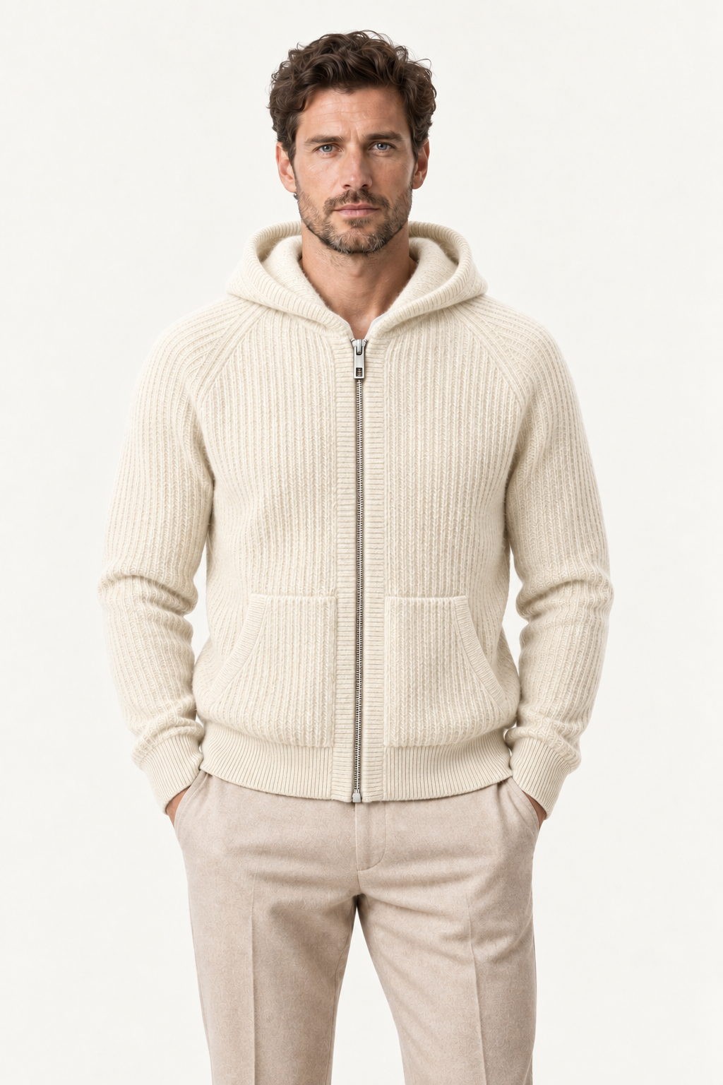 Velani Wool Hooded Zip Knit Cream