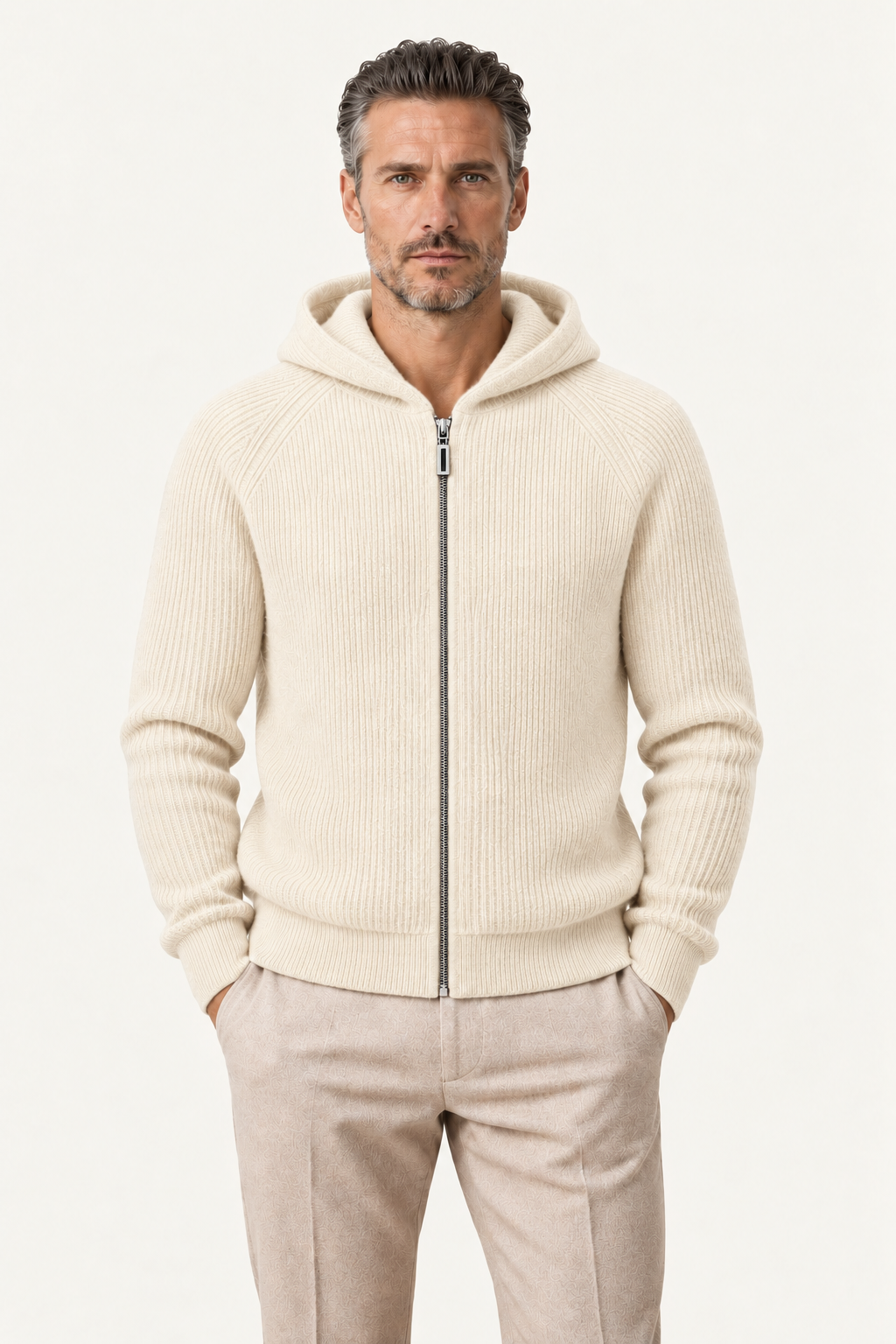 Zelano Wool Hooded Zip Up Cream