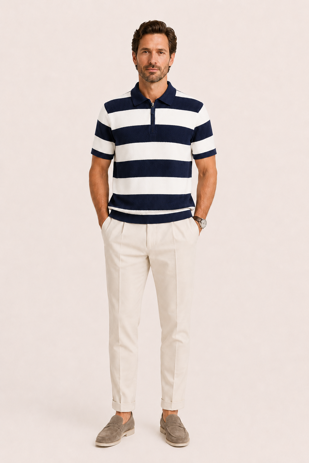 Vicero Striped Zip Polo Navy