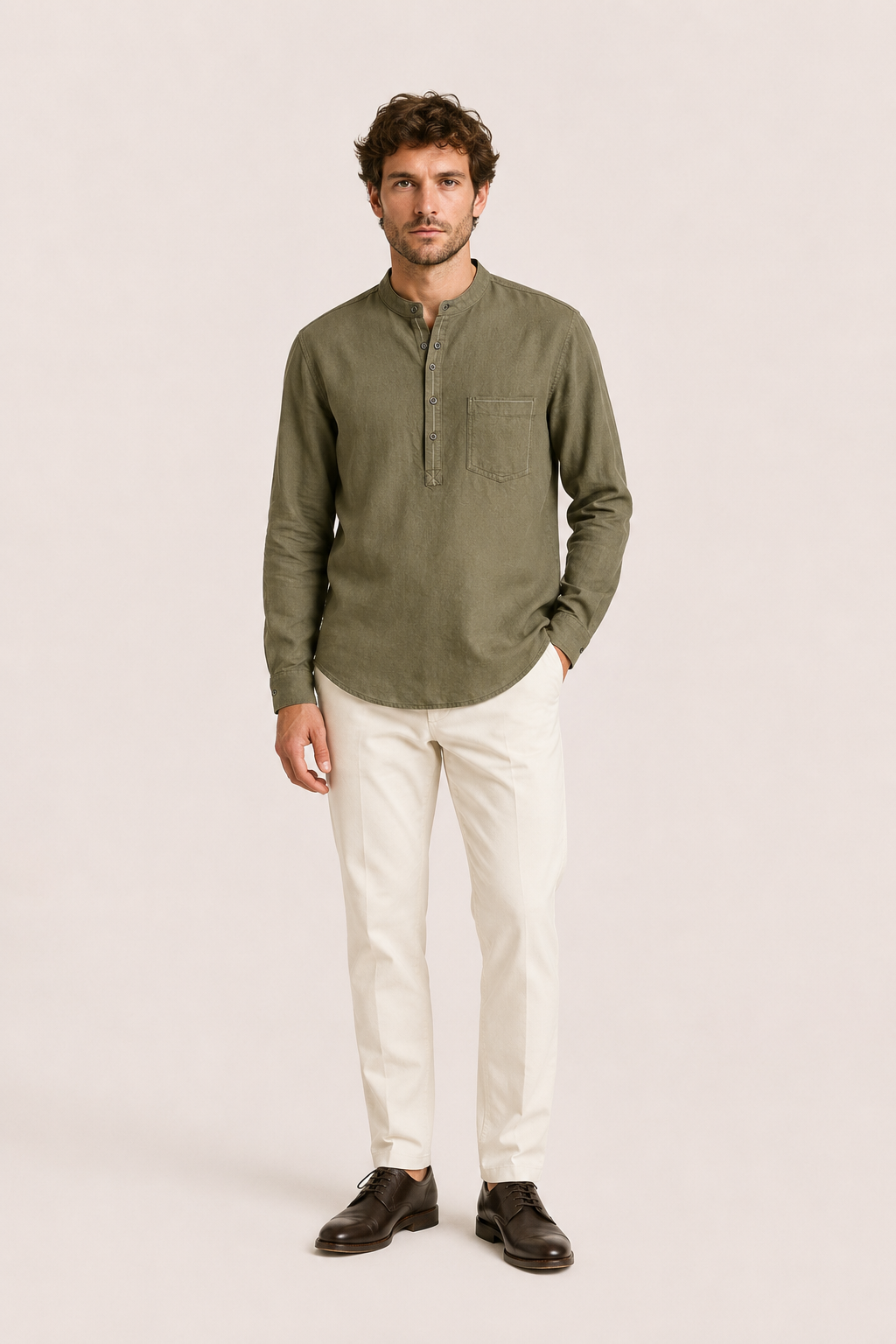 Gavero Linen Quarter Shirt Green
