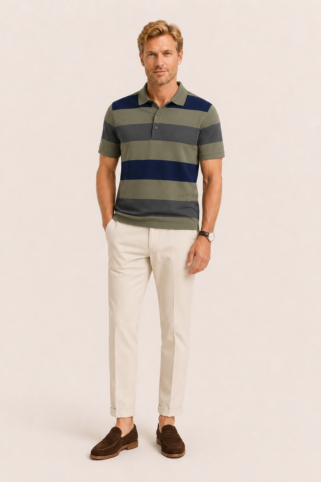 Parello Striped Cotton Polo Green