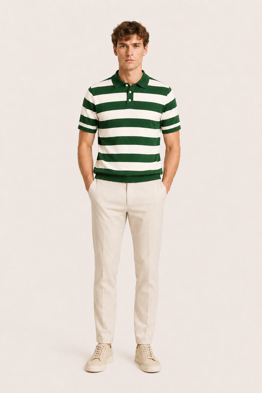 Melano Striped Knitted Polo Green