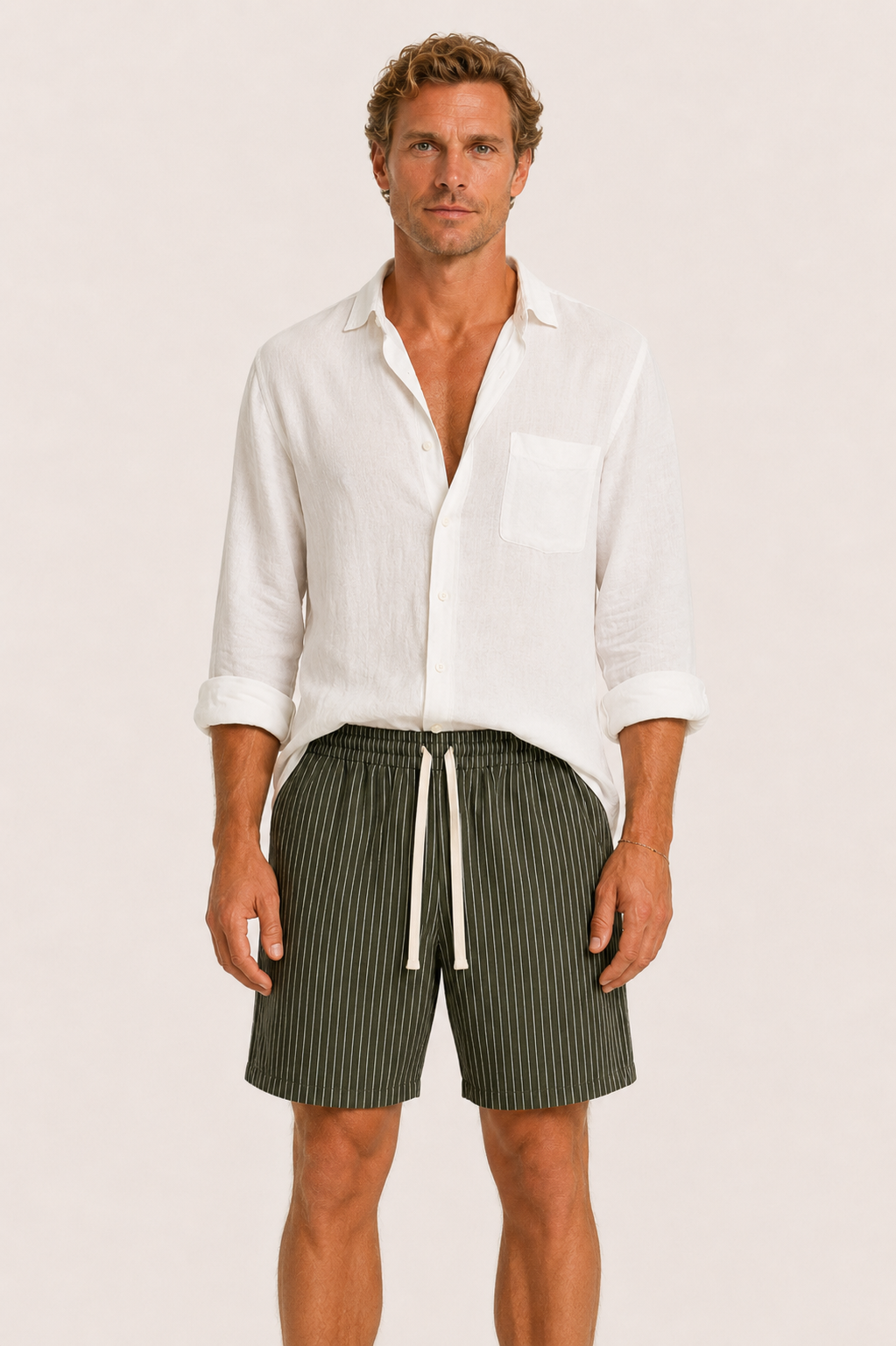 Vilero Cotton Striped Short Green