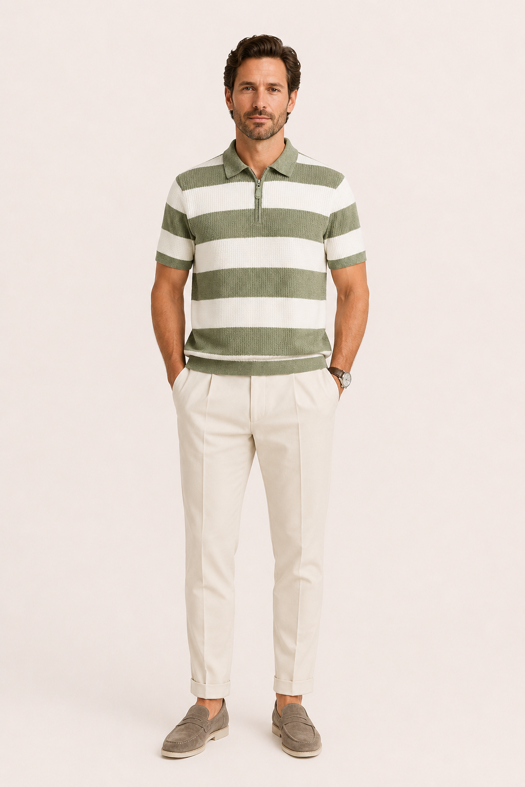 Vicero Striped Zip Polo Green