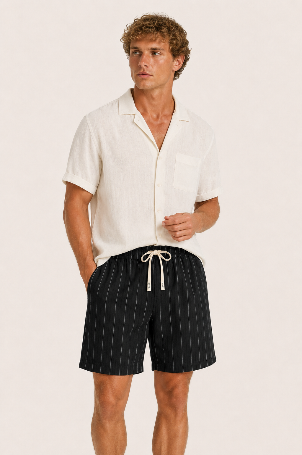 Nerivo Linen Striped Short Black