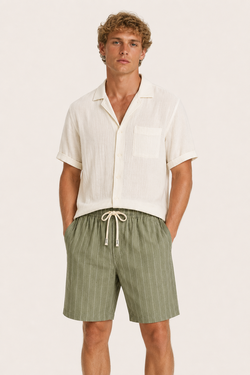 Nerivo Linen Striped Short Green