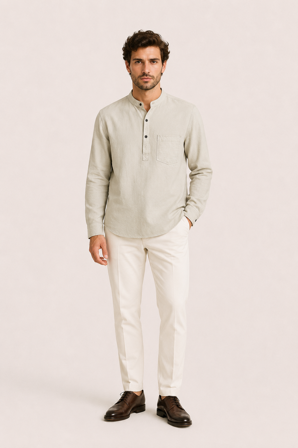 Gavero Linen Quarter Shirt Beige