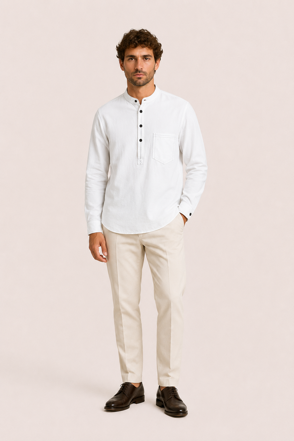 Gavero Linen Quarter Shirt White