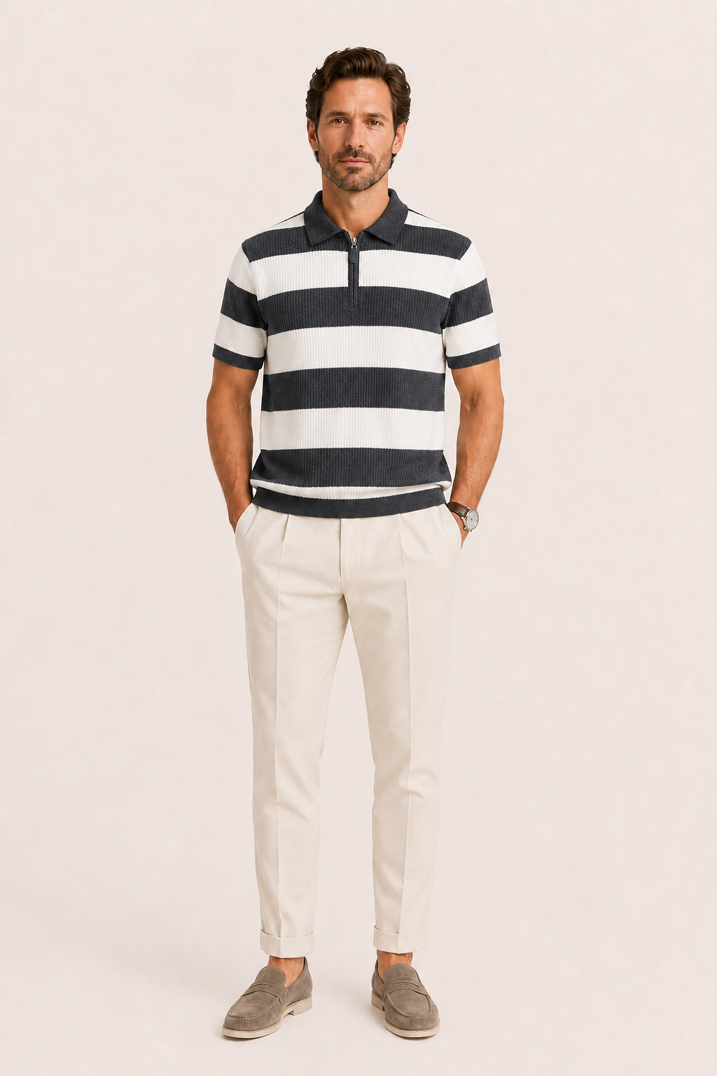 Vicero Striped Zip Polo Charcoal