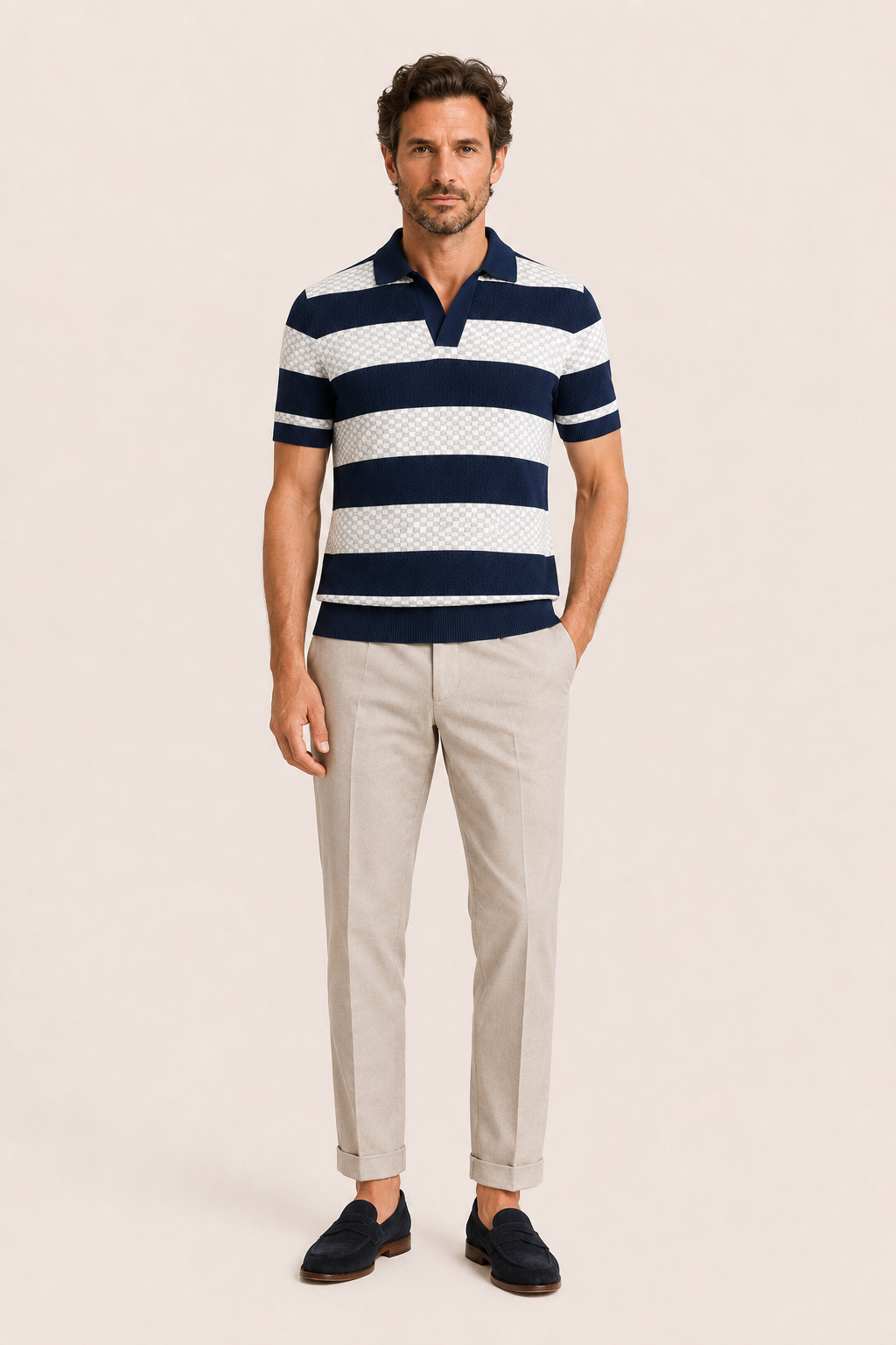 Covani Striped Polo Navy