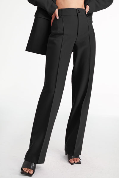 Pantalon droit à taille haute, plissé sur le devant, couleur unie