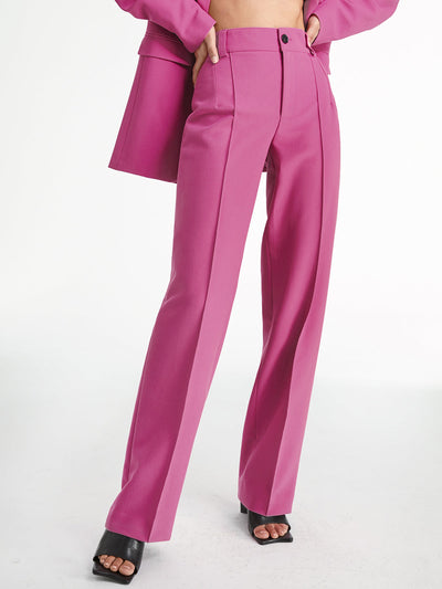 Pantalon droit à taille haute, plissé sur le devant, couleur unie