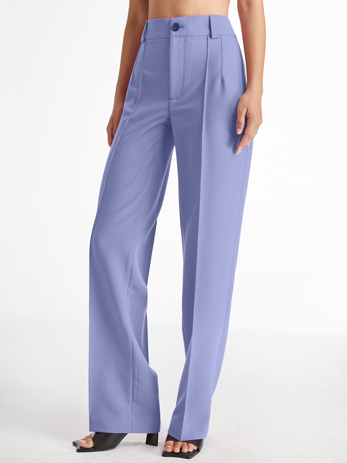 Pantalon droit à taille haute, plissé sur le devant, couleur unie