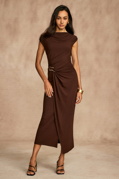 Robe drapée à manches courtes en pur coton