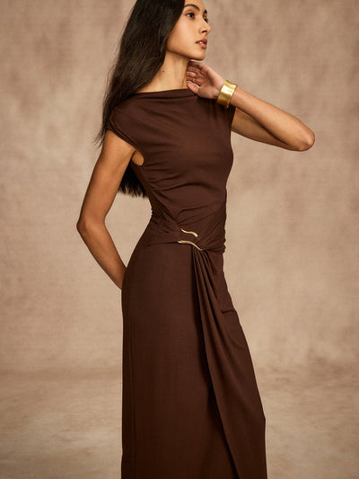 Robe drapée à manches courtes en pur coton