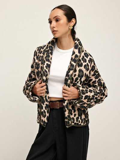 Manteau d'hiver à revers imprimé léopard