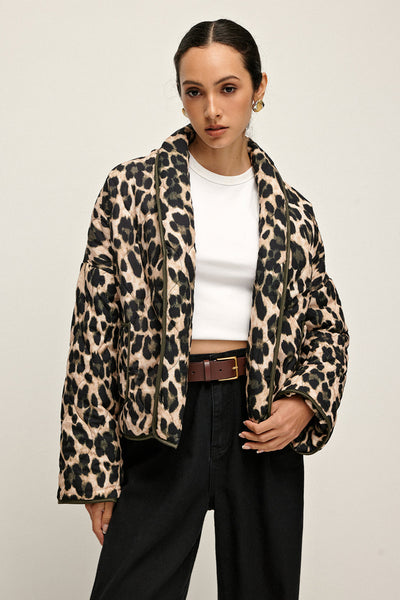 Manteau d'hiver à revers imprimé léopard