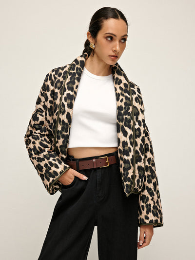 Manteau d'hiver à revers imprimé léopard