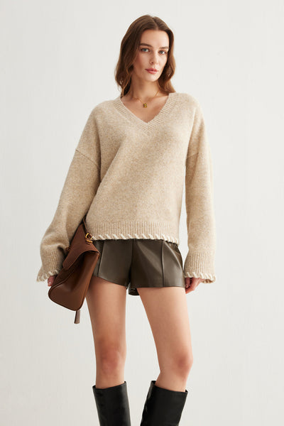 Pull en laine mélangée avec bordure brodée