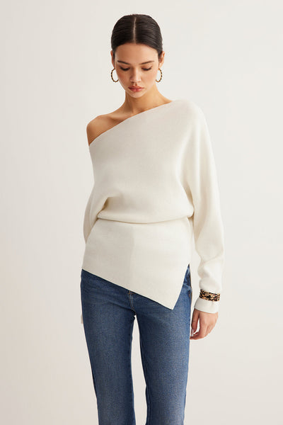 Haut en tricot asymétrique à col asymétrique en laine mélangée