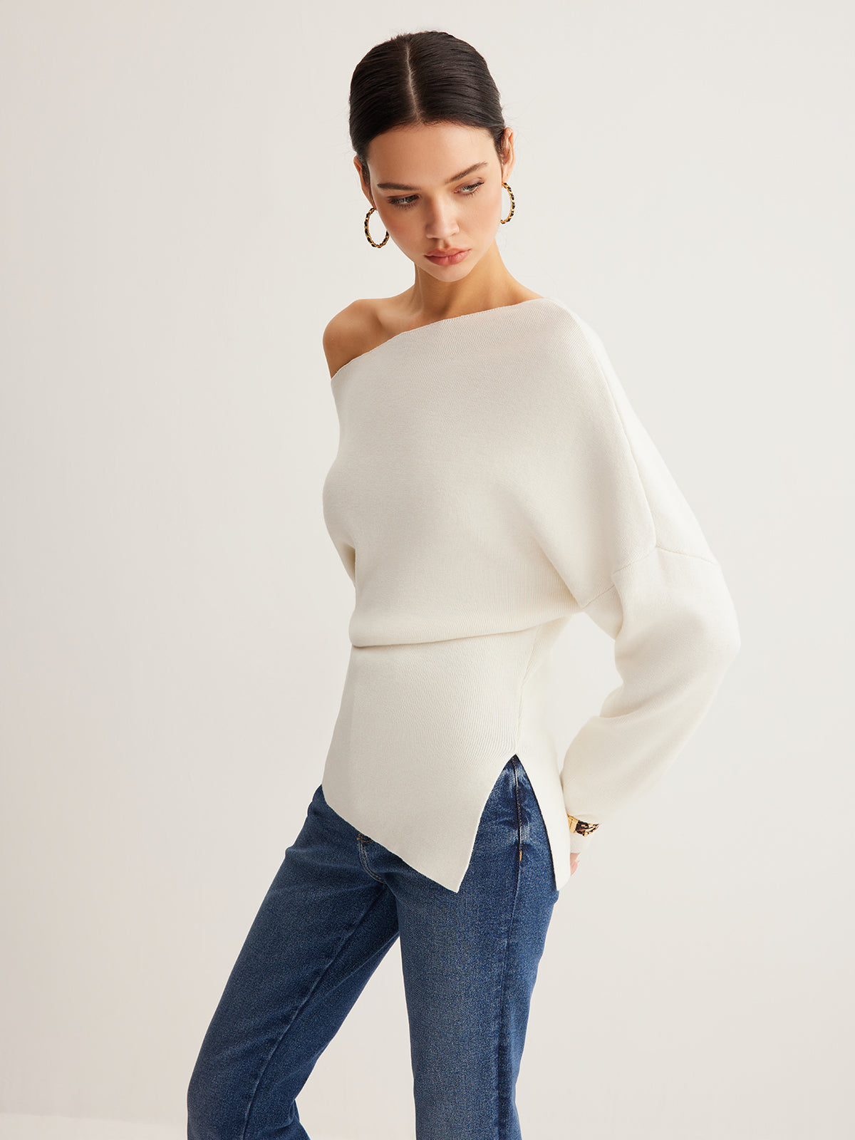 Haut en tricot asymétrique à col asymétrique en laine mélangée