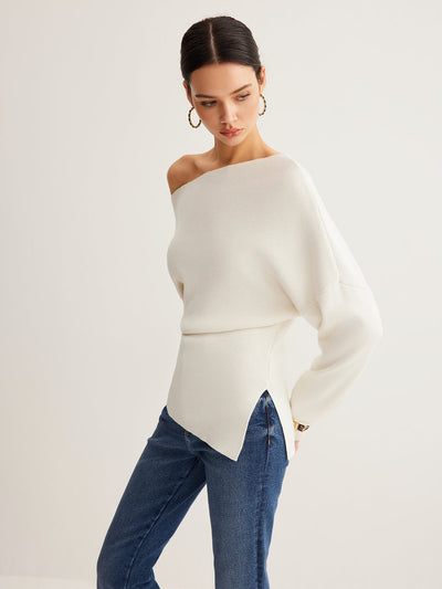 Haut en tricot asymétrique à col asymétrique en laine mélangée