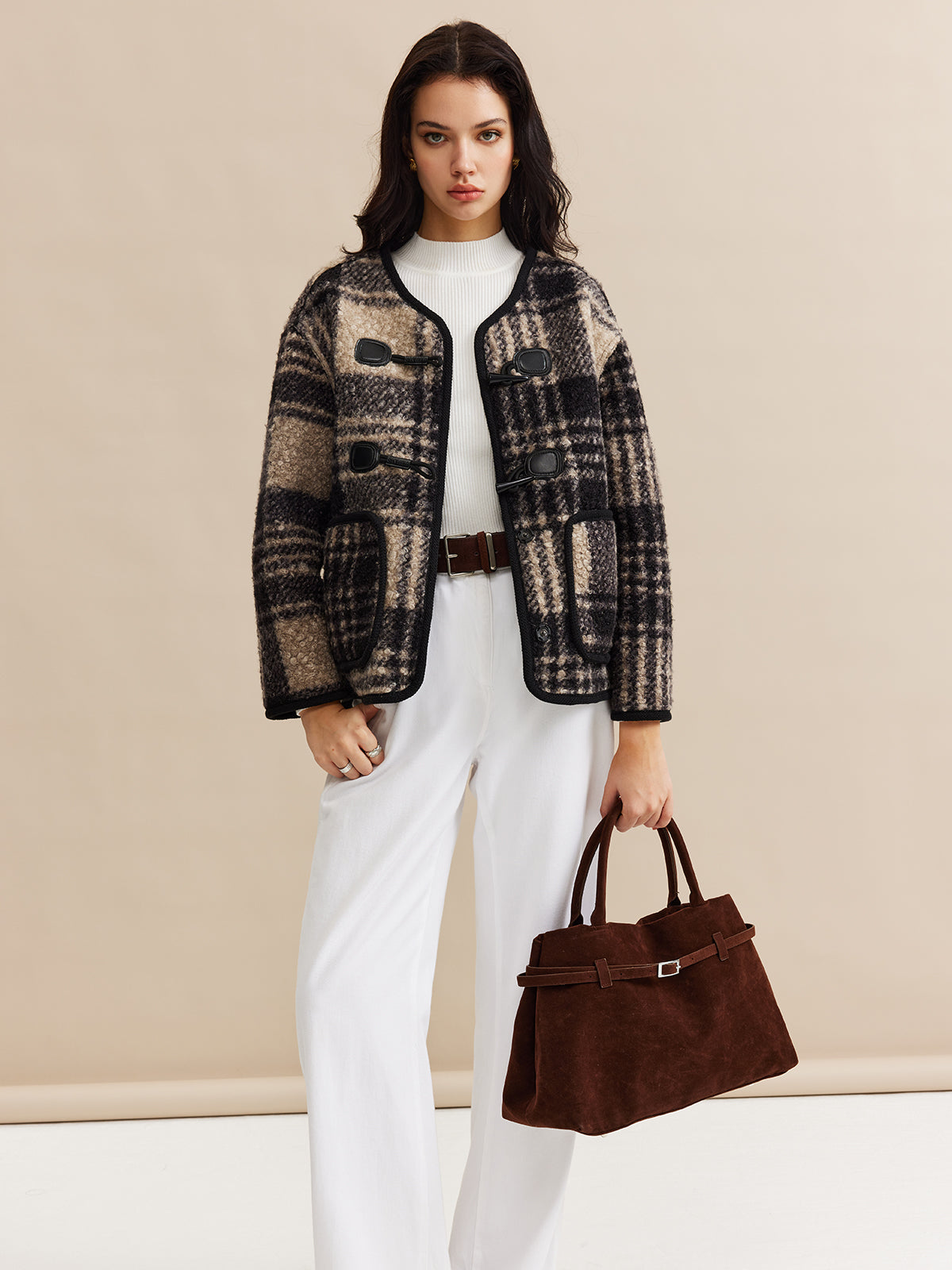 Manteau en tweed à carreaux contrastés