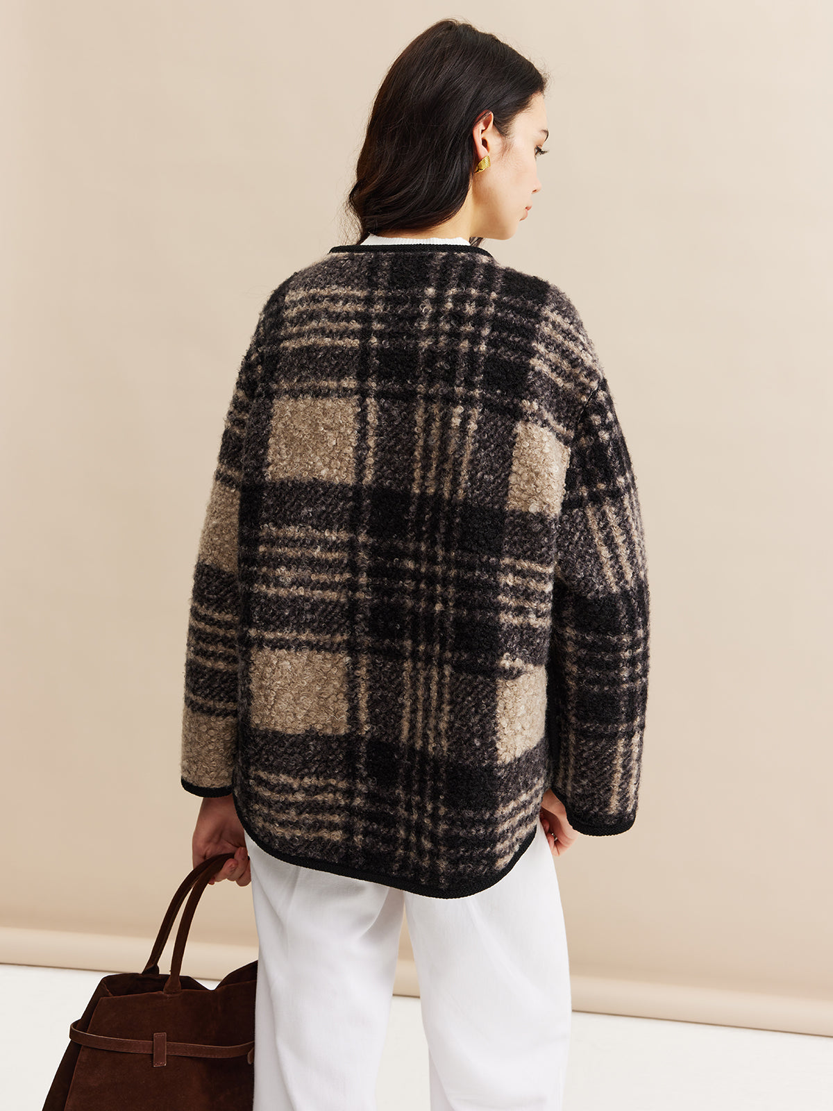 Manteau en tweed à carreaux contrastés