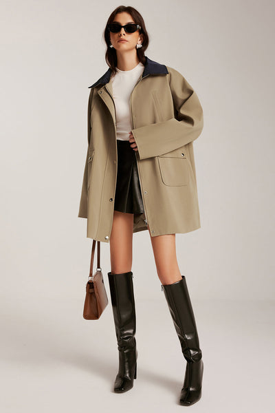 Trench-coat oversize à col contrasté et fermeture éclair