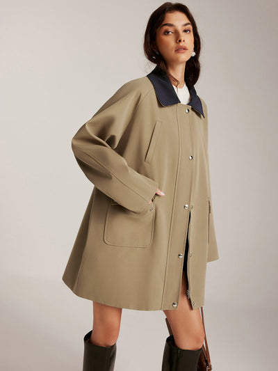 Trench-coat oversize à col contrasté et fermeture éclair
