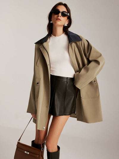 Trench-coat oversize à col contrasté et fermeture éclair