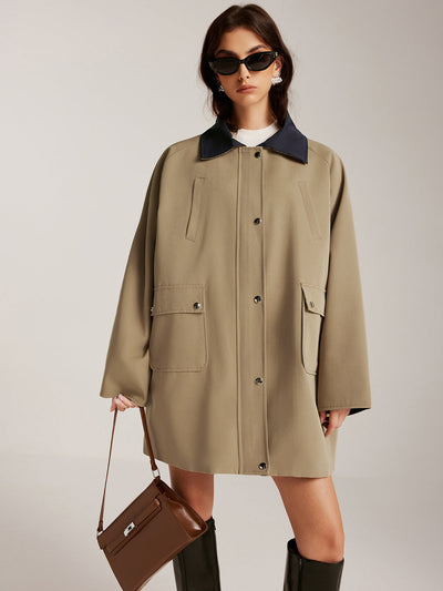 Trench-coat oversize à col contrasté et fermeture éclair