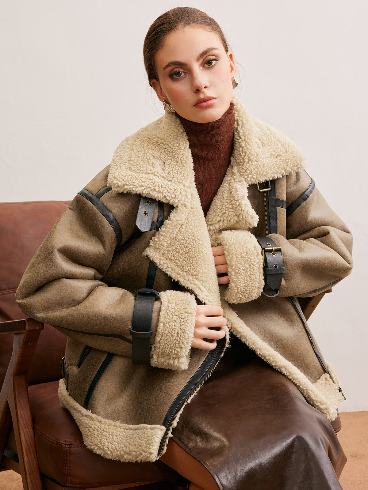 Manteau Teddy en simili cuir avec fermeture éclair
