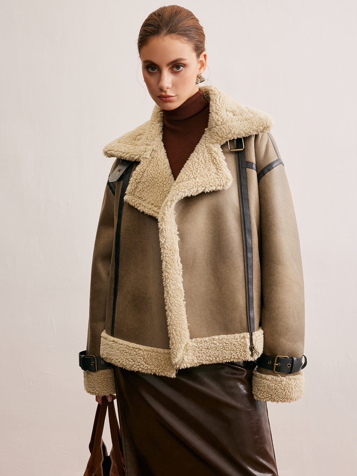 Manteau Teddy en simili cuir avec fermeture éclair