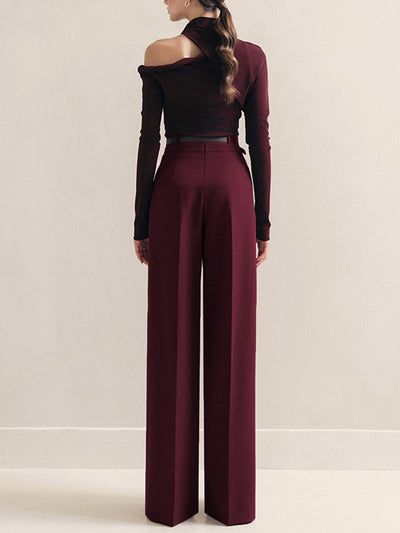 Pantalon taille haute plissé à ceinture métallique