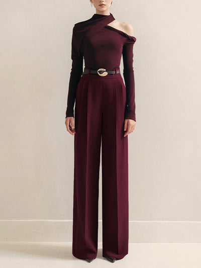 Pantalon taille haute plissé à ceinture métallique