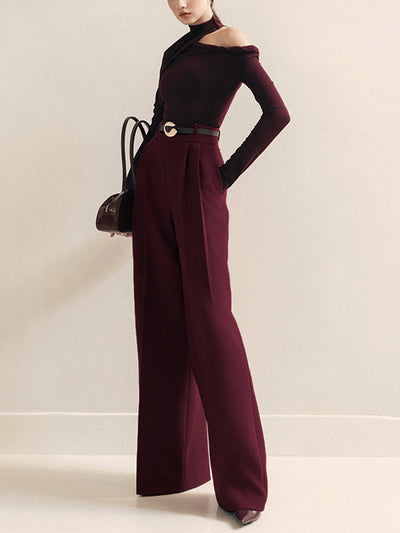 Pantalon taille haute plissé à ceinture métallique