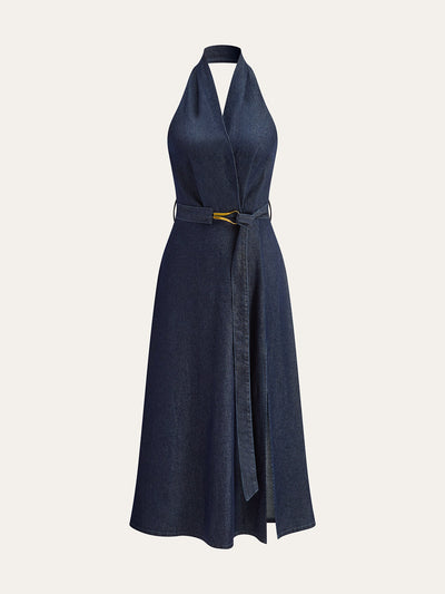 Robe midi en denim à ceinture et dos nu