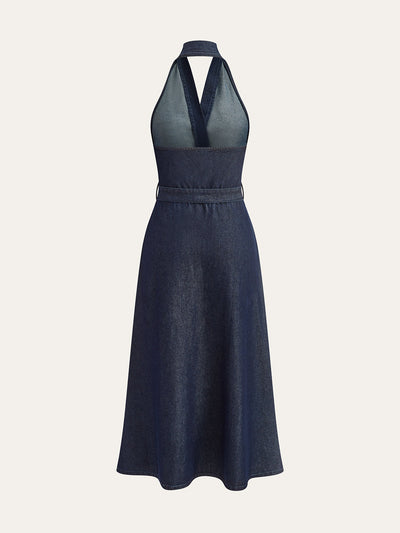 Robe midi en denim à ceinture et dos nu
