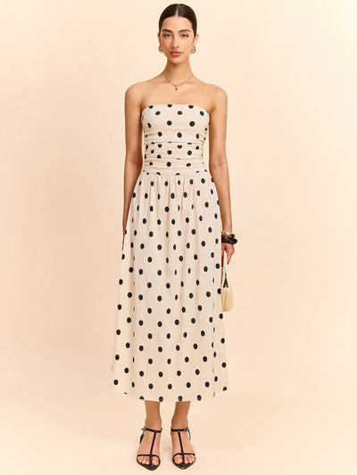 Robe midi froncée sans bretelles à pois