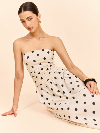 Robe midi froncée sans bretelles à pois